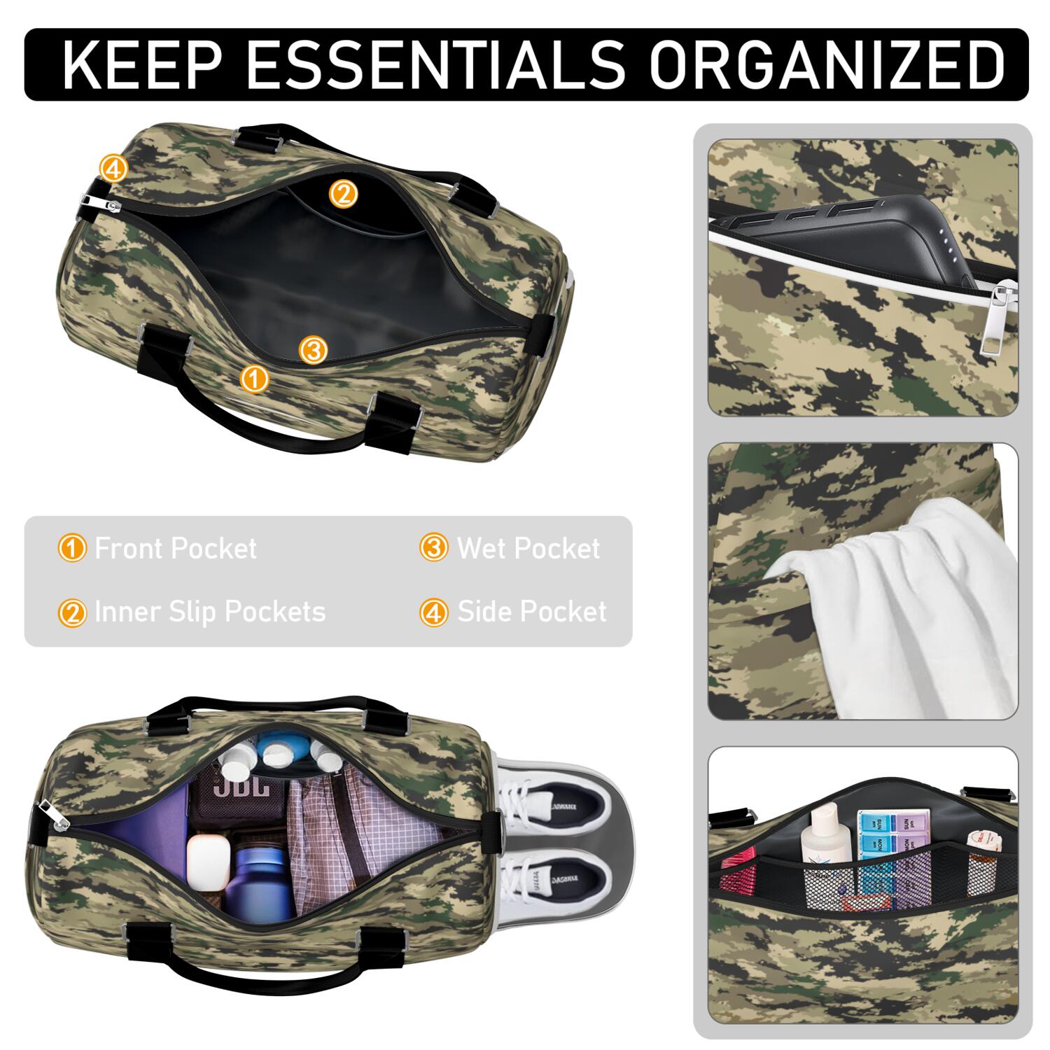 Green Camo Mens Gym Tote Duffle Bag with Wet Pocket & Shoe Compartment, Travel Duffel Bag Overnight Weekender Hospital Tote Girls Workout Carry on Bag with Luggage Sleeve