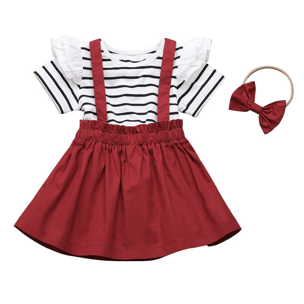 Toddler Baby Girl Ruffle Sleeve Romper Bodysuit+Floral Suspender Overall Strap Dress Skirt+Headband Cotton Outfits 