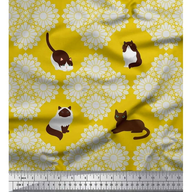 Soimoi Tissu Poly Georgette Imprimé Floral & Chat au Mètre 42 Pouces de Large