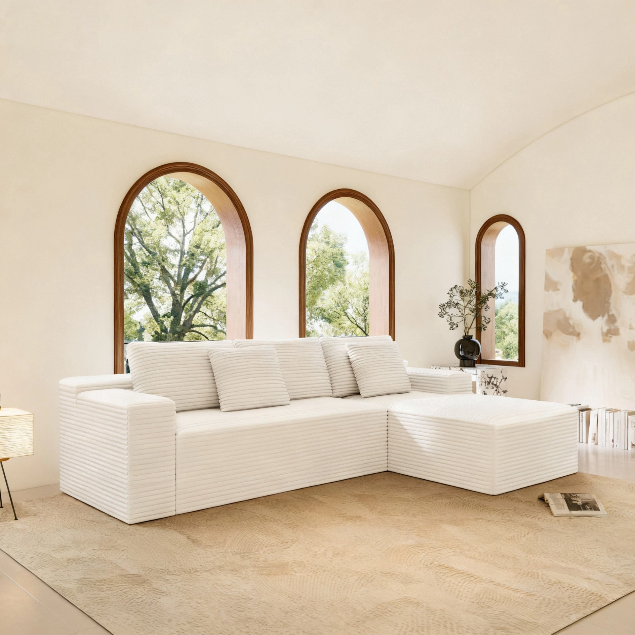 Aukfa 104" Modular Cloud Sectional Sofa with Right-Facing Chaise, Plush Corduroy Upholstered Deep Seat Couch, No Assembly Required for Living Room/Bedroom/Apartment, White
