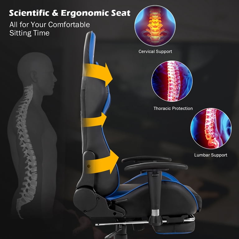 Goplus Gaming Chair With Massage & Footrest - Ergonomic Reclining Office Chair, Racing Style, Height Adjustable (Blue)