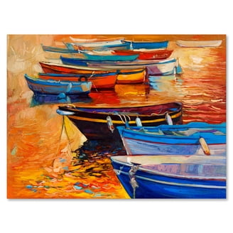 Two Red Boats During Sunset In Lake 40 in x 30 in Framed Painting