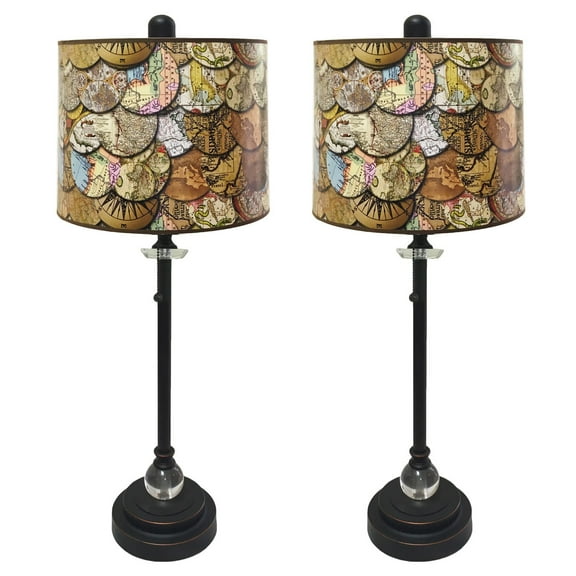 Royal Designs 28" Crystal and Oil Rub Bronze Buffet Lamp with Vintage Old World Maps Design Hard Back Lamp Shade, Set of 2
