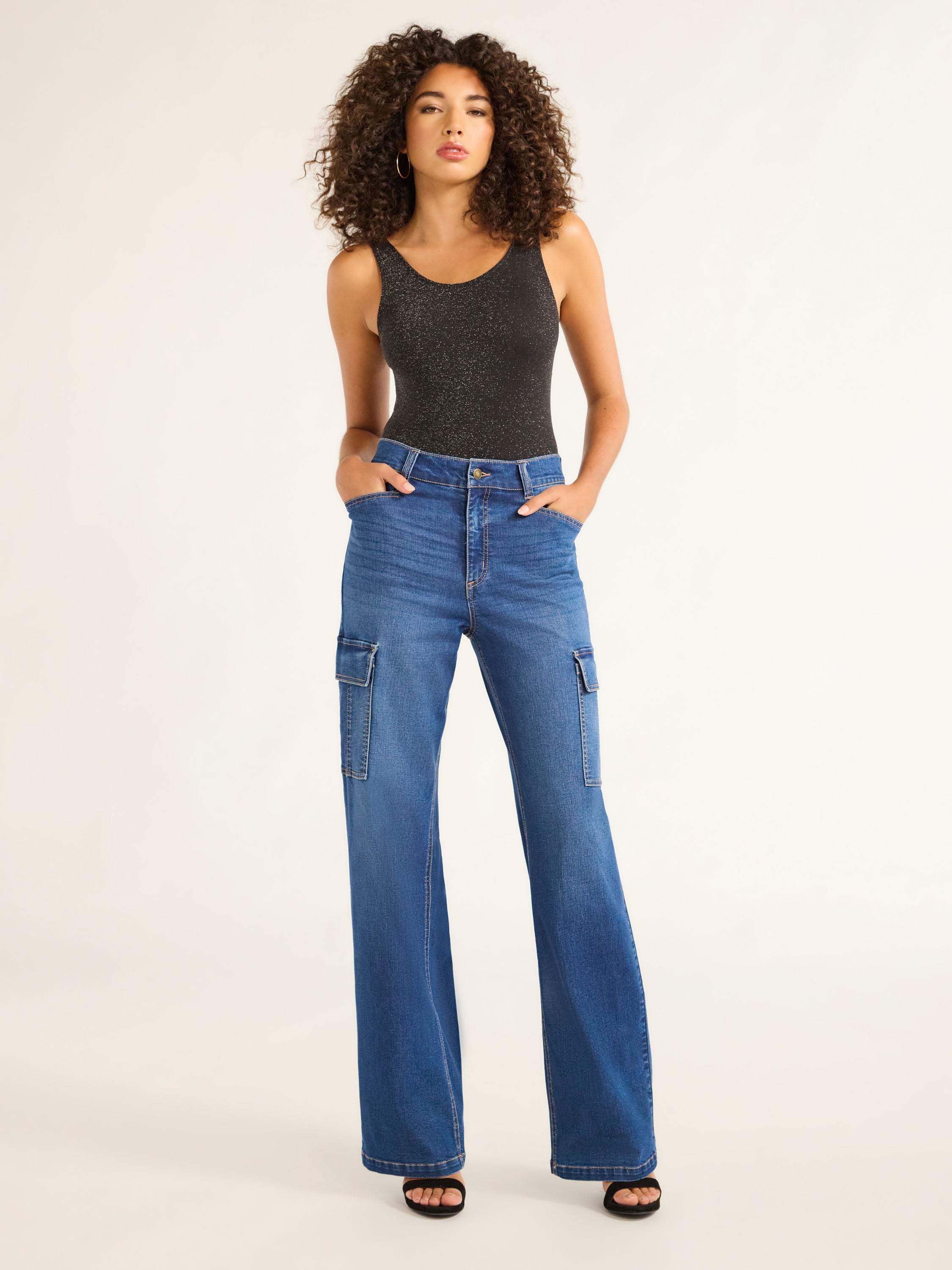 Sofia Jeans Women's and Women's Plus Relaxed Straight High Rise Cargo Jeans, Sizes 0-28W