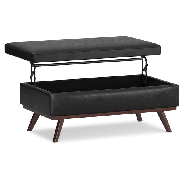 Simpli Home Owen Lift Top Large Coffee Table Ottoman, Mid Century Design with Storage, Distressed Black Faux Leather