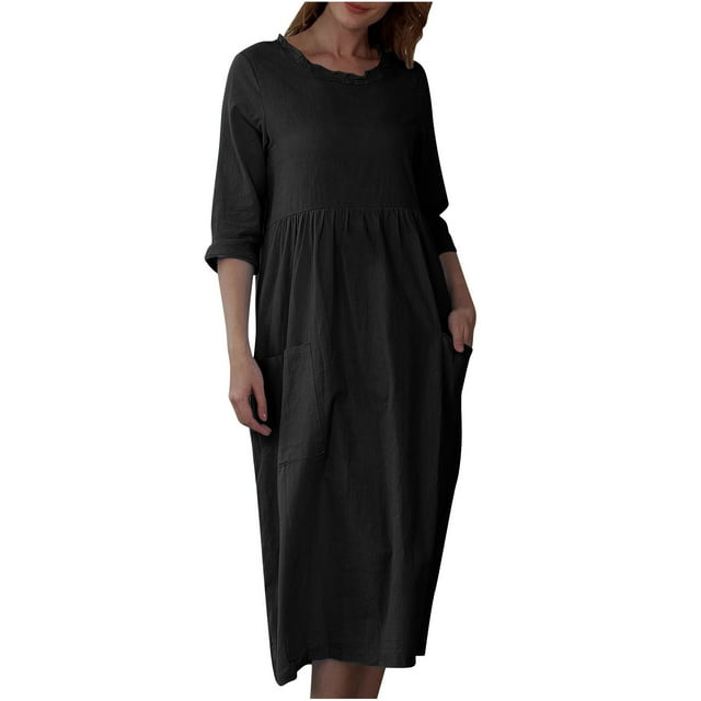 Birdeem Robe Décontractée Ample à Manches Trois-Quarts Col Rond avec Poches pour Femmes Couleur Unie