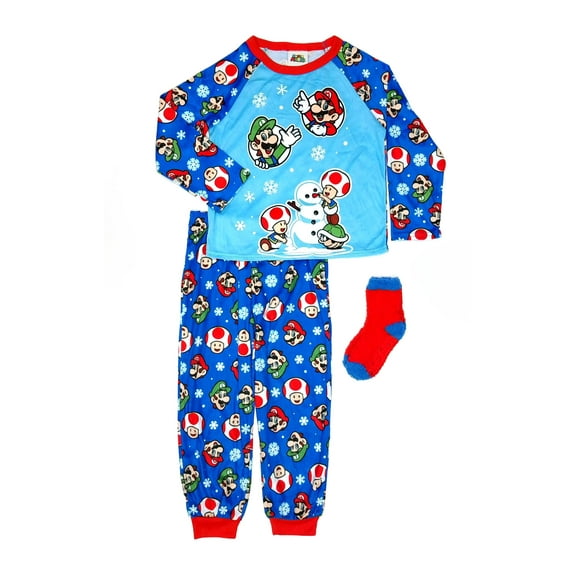 Super Mario Boy's Character Christmas Velvety Velour Pajama Set with Socks (Small 6/7)