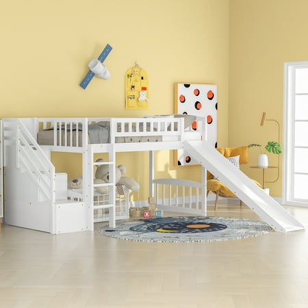 Dcenta Stairway Twin Size Loft Bed with Two Drawers and Slide  White