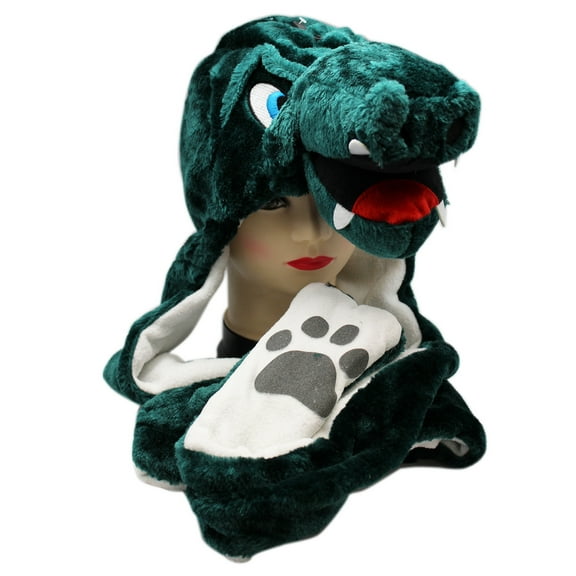 Dark Green Plush Alligator Dangling Mitten Arms Hat