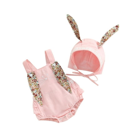 

Newborn Infant Baby Girls Easter Romper Bodysuit Sleeveless Bunny Ear Playsuit Overall with Hat Fluffy Tail