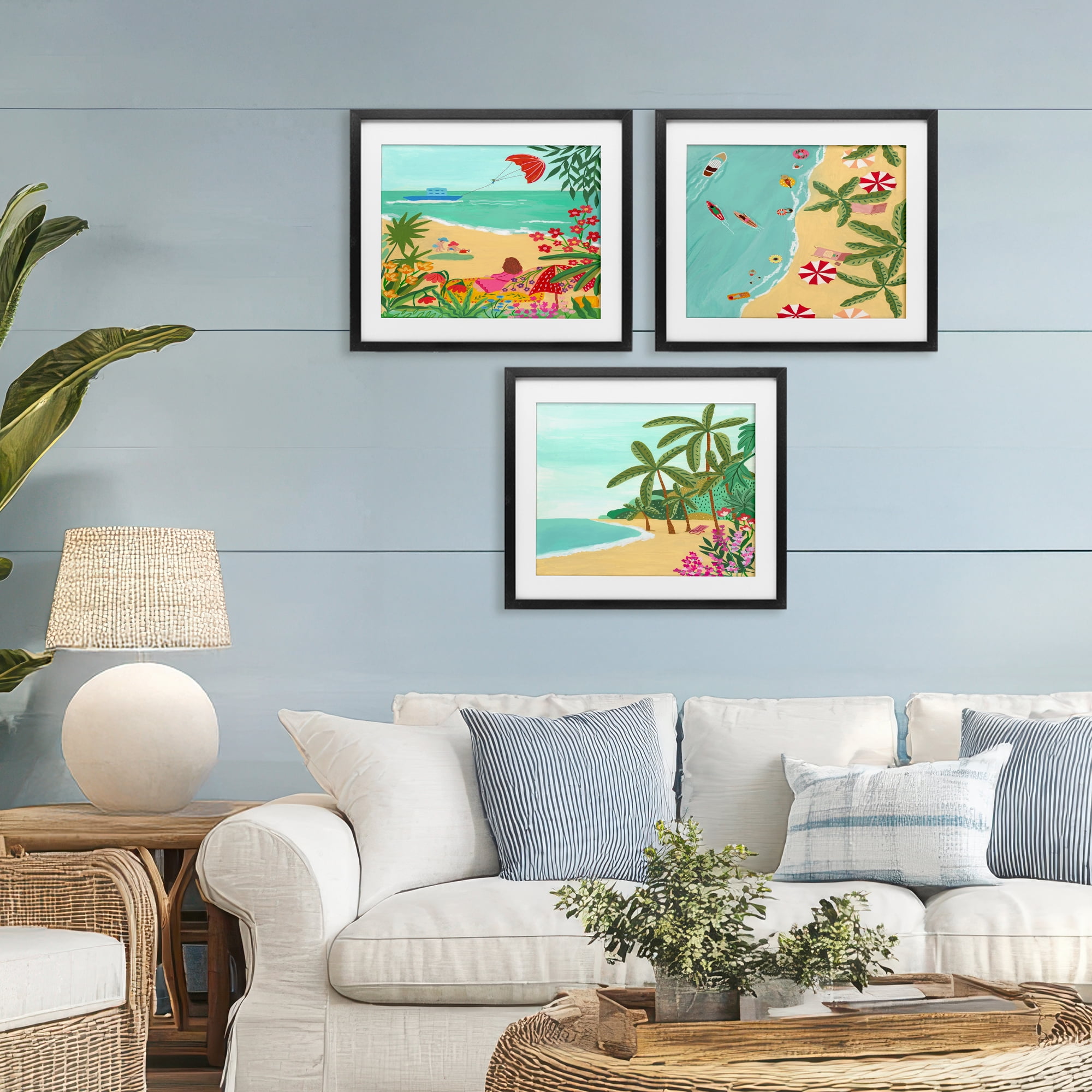 Busy Beach And Flowers 3 Piece Black Framed Print Under Glass Set, design by Nabeela Rumi