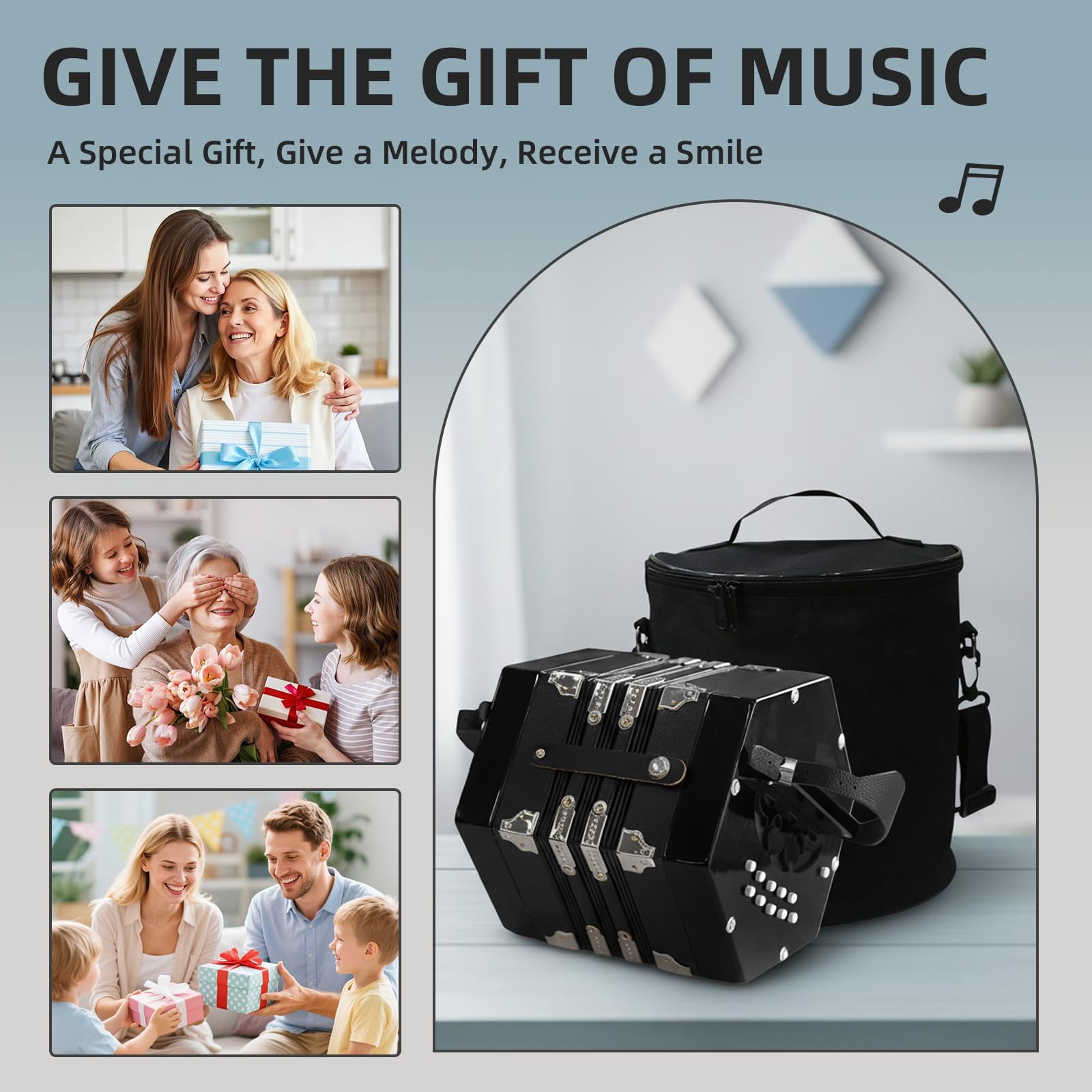 YueChun Concertinas,20-Key Accordion for Adults, Professional Accordion for Beginners, Adjustable Hand Straps, Instrument Accessories (Black)