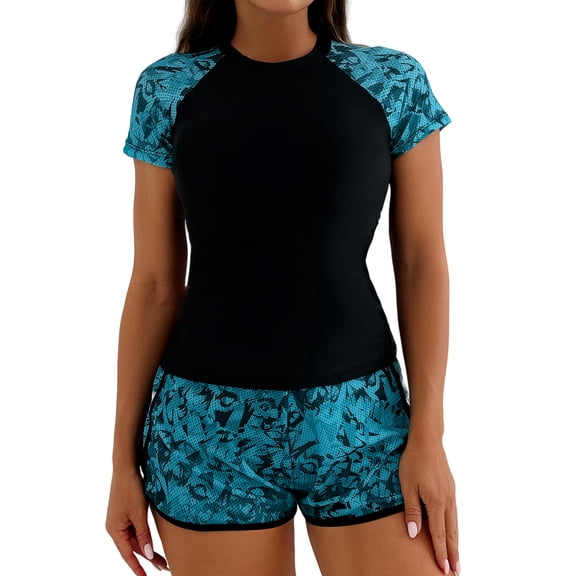 FEOYA Women's 2 Piece Rash Guard Short Sleeve Printed Floral Swim Shirt with Boyshorts Modest Bathing Suit Split Summer Swimwear Tankini Surfing Swimsuits L
