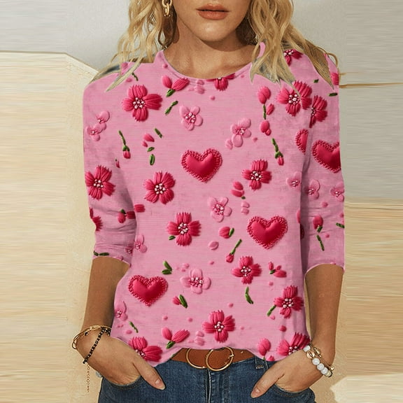 Elvqul Tops for Women Pink Crew Neck Fashion Love Print T-Shirts Young Adult Blouses 3/4 Sleeve Tops