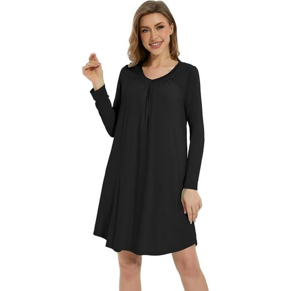 WiWi Women's Bamboo Viscose Nightgowns Long Sleeve Warm Nighties Sleepshirts Loose V-neck Sleepwar Pjs Dress S-XXL, Black, Small