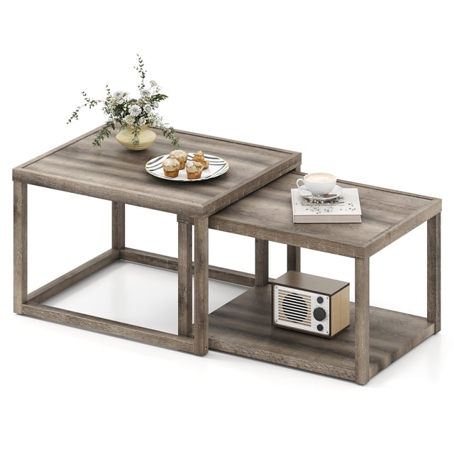 Gymax Nesting Coffee Table Set of 2 Stackable Rectangular End Tables w/ Storage Shelf