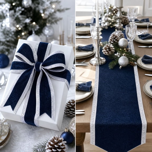 ZENVIVE Blue Velvet Christmas Wired Ribbon, 3.9 Inch × 5.4 Yard Embossed Border Fabric Ribbon, Xmas Winter Holiday Ribbon Bows Accessories for Crafting Gift Wrapping Decorations