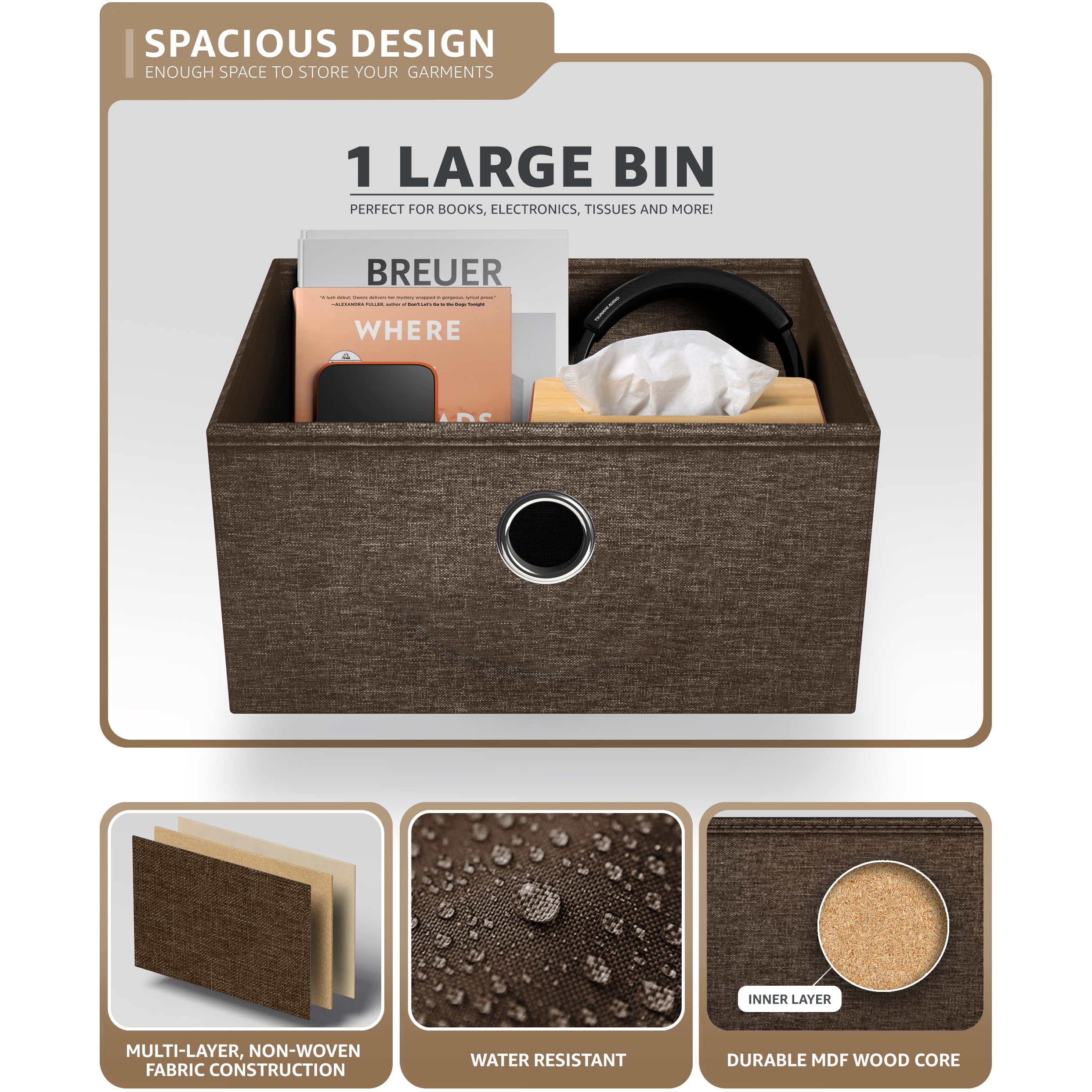Sorbus 1-Drawer Nightstand with Shelf, Fabric Bin Storage, Steel Frame, Brown