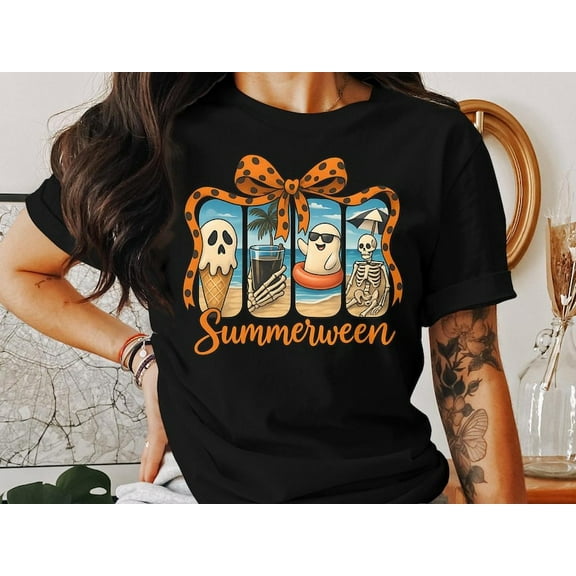 Summerween Ghost Shirt, Beach Party Halloween Shirt, Coquette Bow Summer Vacation Shirt, Spooky July Halloween Vibes Shirt