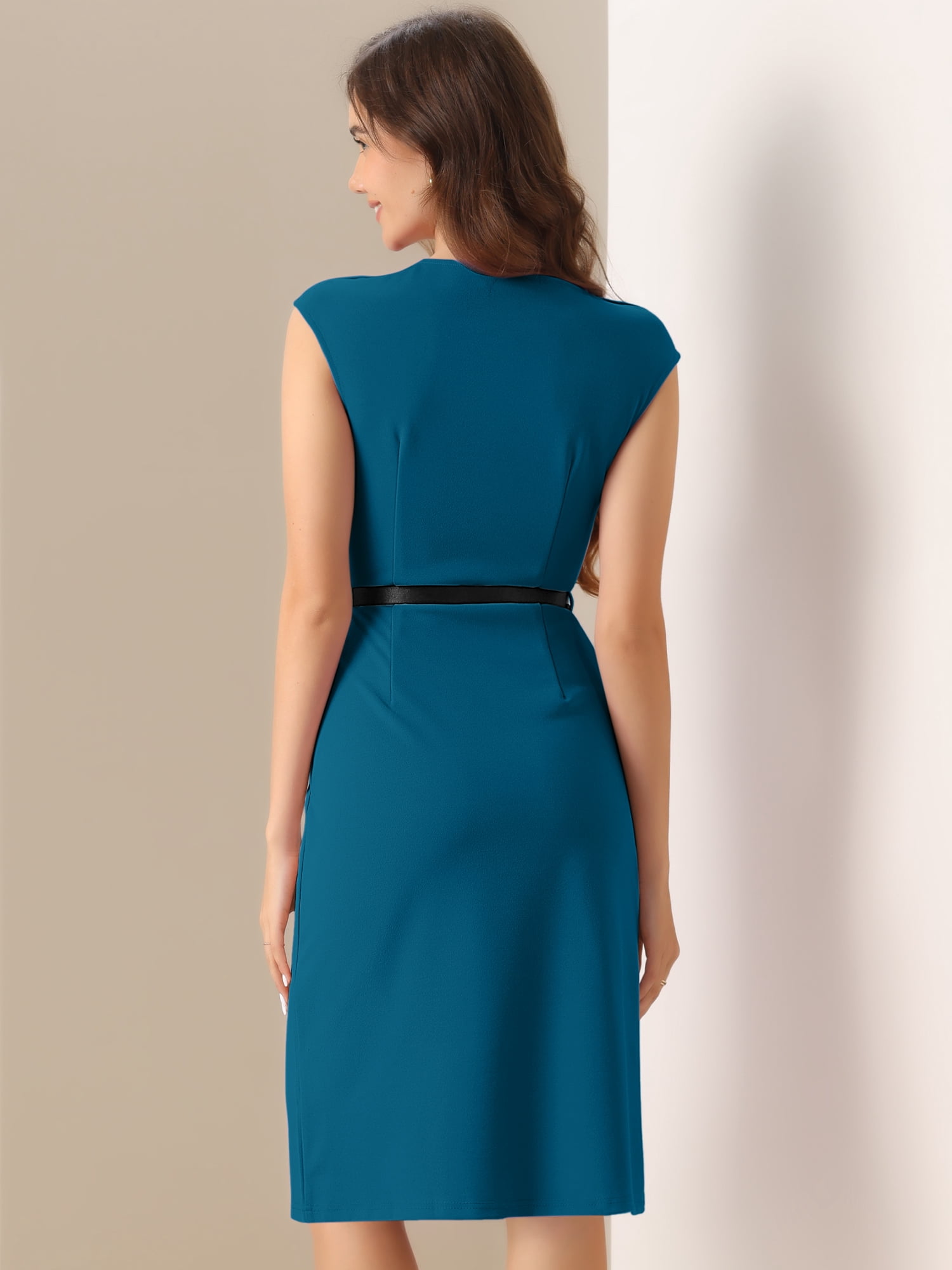 DARING DIVA Elegant Round Neck Cap Sleeve Belted Work Sheath Dresses XS Lake Blue