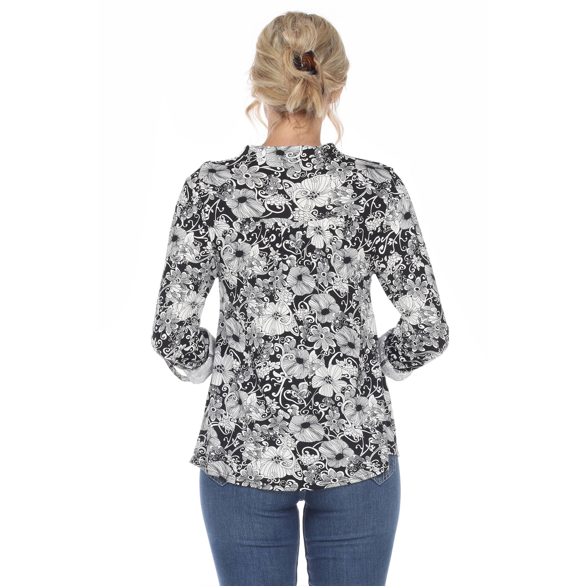 White Mark Women's Pleated 3/4 Sleeve Floral Print Blouse