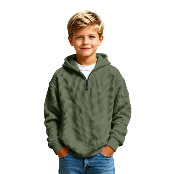Hoodies for Boys Quarter Zip Waffle Knit Pullover Hooded Sweatshirt Tops Fall Winter Casual Sweatshirts Back to School Clothes 3-14 Years