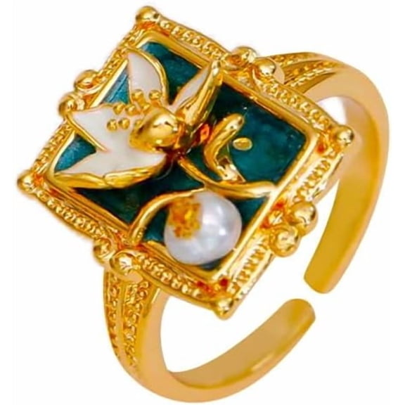 Vintage Baroque Lily Floral Ring for Women Geometry Statement Finger Rings Delicate Pearl Flower Wedding Adjustable Open Band Jewelry
