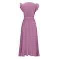 thumbnail image 5 of Lovzfmll Women's Summer Lightweight Floral Dress Wrap V Neck Casual Solid Color Bubble Embroidered Lace Cuffs Comfortable Short Sleeve Belted Ruffle A-Line Flowy Maxi Dresses Purple L, 5 of 6