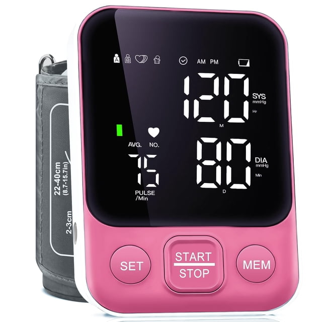 Monitor de presión arterial Oklar con pantalla LED rosa y brazalete de 22 a 40 cm