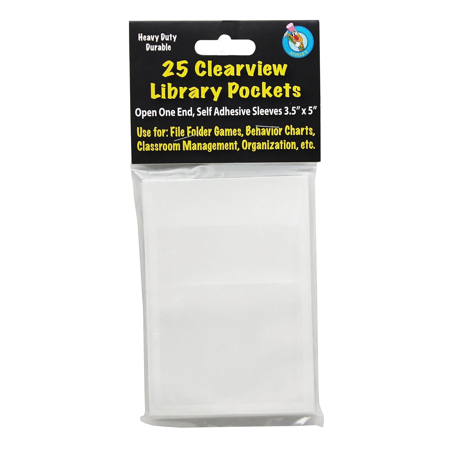 Ashley Productions Plastic Clear View Self-Adhesive Library Pocket 3.5" x 5" 25 Per Pack 3 Packs