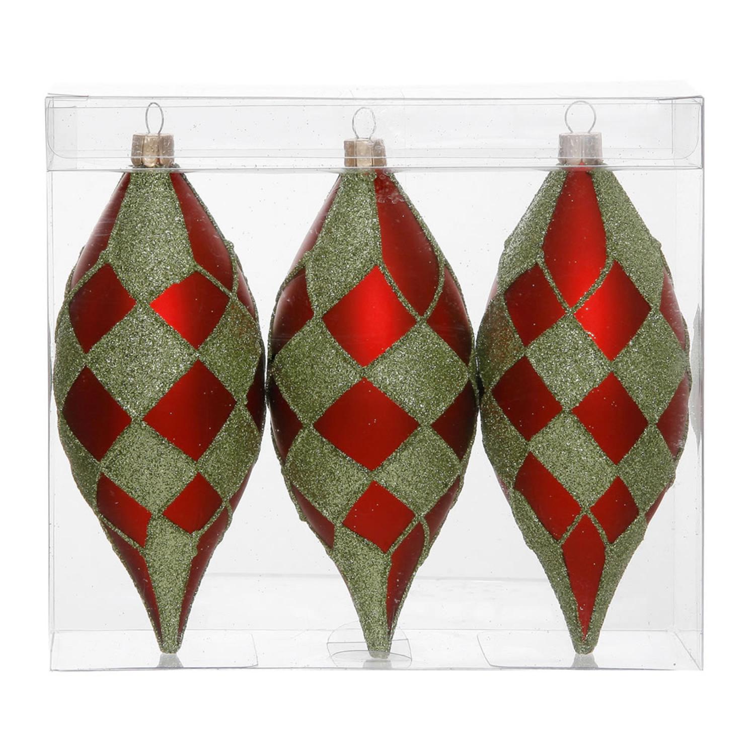 Pack of 3 Matte Red and Lime Green Glitter Diamond Christmas Teardrop