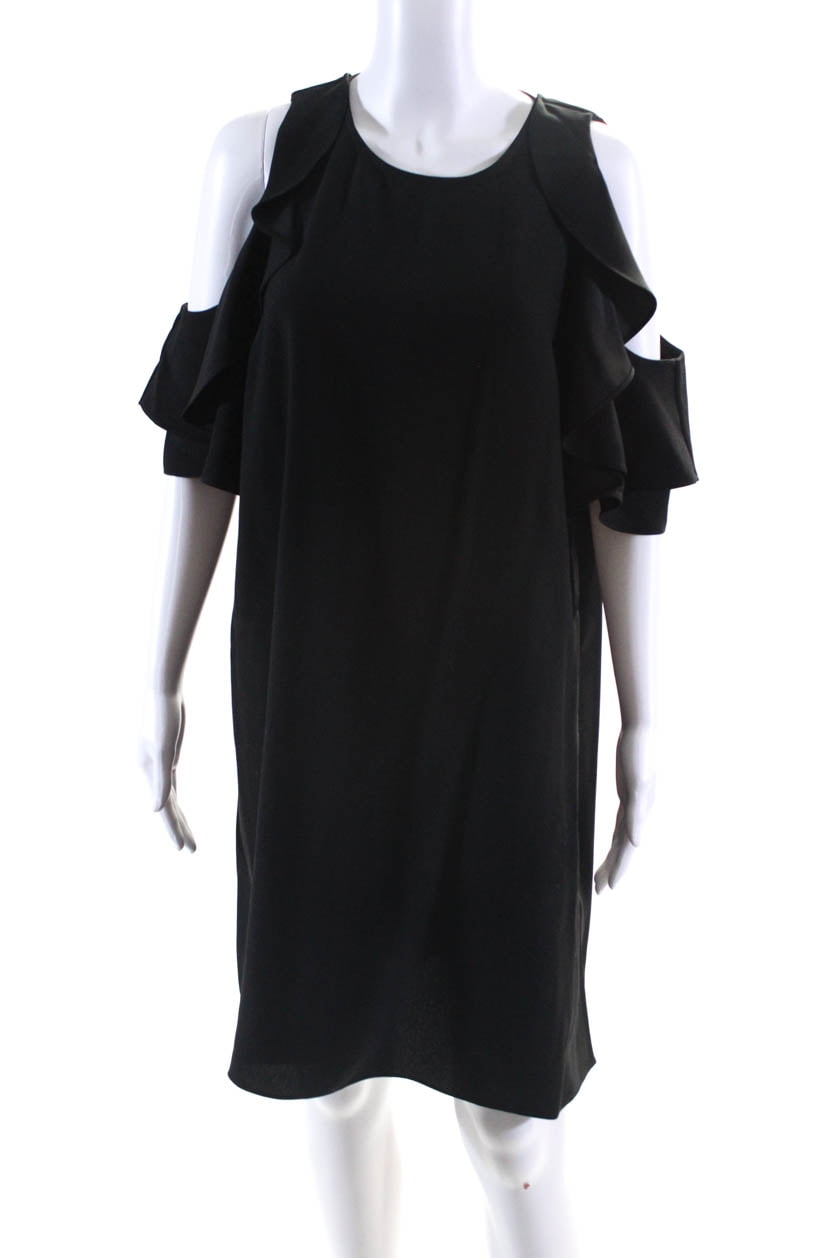 Kate Spade New York Womens Scoop Neck Ruffle Trim Solid Midi Dress Black  Size L 