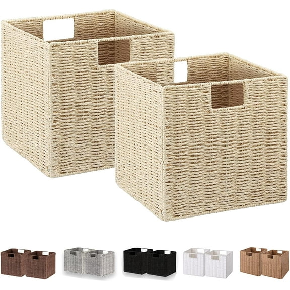 Wicker Storage Basket, Set of 2 Hand-Woven Paper Rope Storage Baskets, Foldable Cube Storage Organizer Bins, 11 Inch Wicker Storage Baskets for Shelves and Decor, Square Storage Basket, Beige