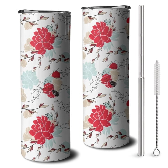 20oz Pioneer Flower Floral Print Pattern Skinny Tumblers Stainless Steel Tumbler with Lid and Straw,Vacuum Insulated Double Wall Travel Tumbler Cups with Cleaning Brush for Coffee,Tea