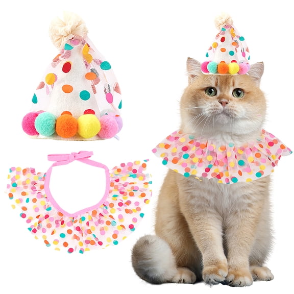 2Pcs Princess Pet Costume Cat Party Costumes Colorful Dot Polyester Small Dogs Lace Bandana Bib Scarf Christmas Hat Tie Outfit