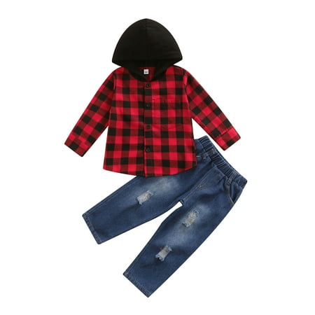 

2pcs Baby Boy Tops Pants Suit Red/Blue Long Sleeve V Neck Hooded Plaid Blouse Sweatshirt Denim Ripped Trousers Clothes Sets