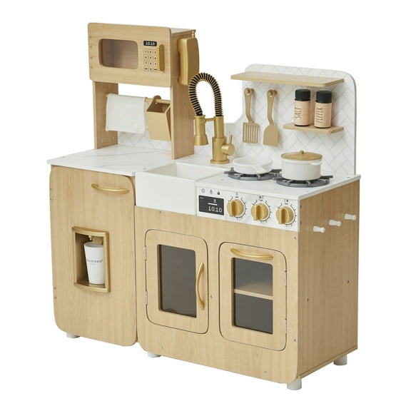 Teamson Kids Little Chef Cyprus Play Kitchen Set   14 Toy Kitchen Accessories & Play Food, Light Oak/White