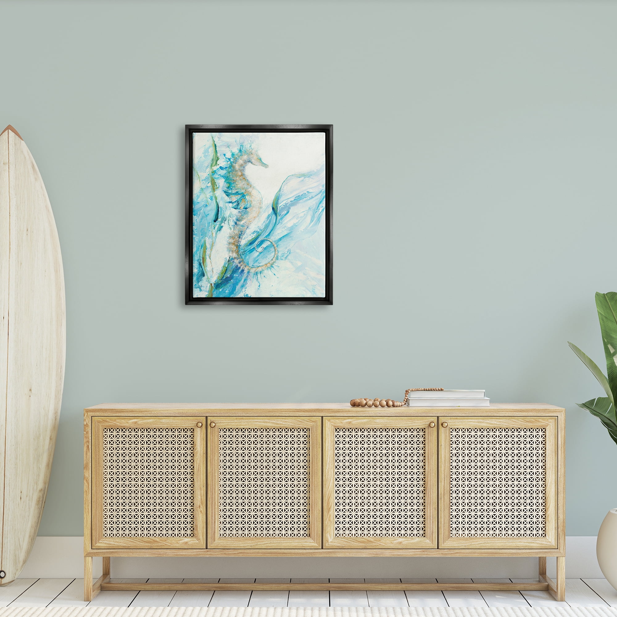 Stupell Industries Nautical Seahorse Blue Fluid Ocean Water Jet Black Framed Floating Canvas Wall Art, 24x30, by Third and Wall