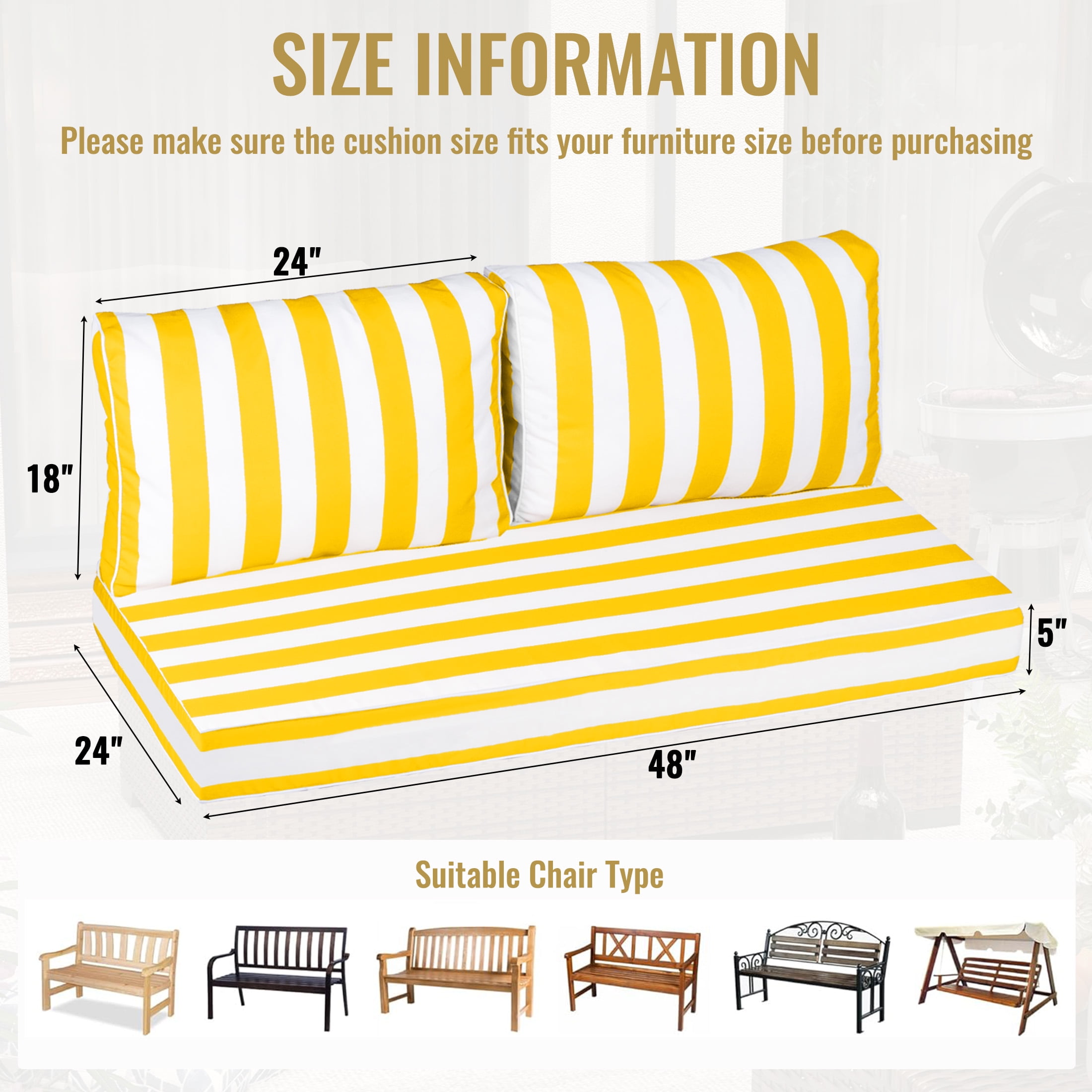Geemuslly 48 x 24 Outdoor Loveseat Cushion Set, Waterproof & Fade-Resistant Patio Replacement Cushions for Sofa, Bench, or Swing – Thick Seat & Backrest Support,Bright Yellow & White Stripes