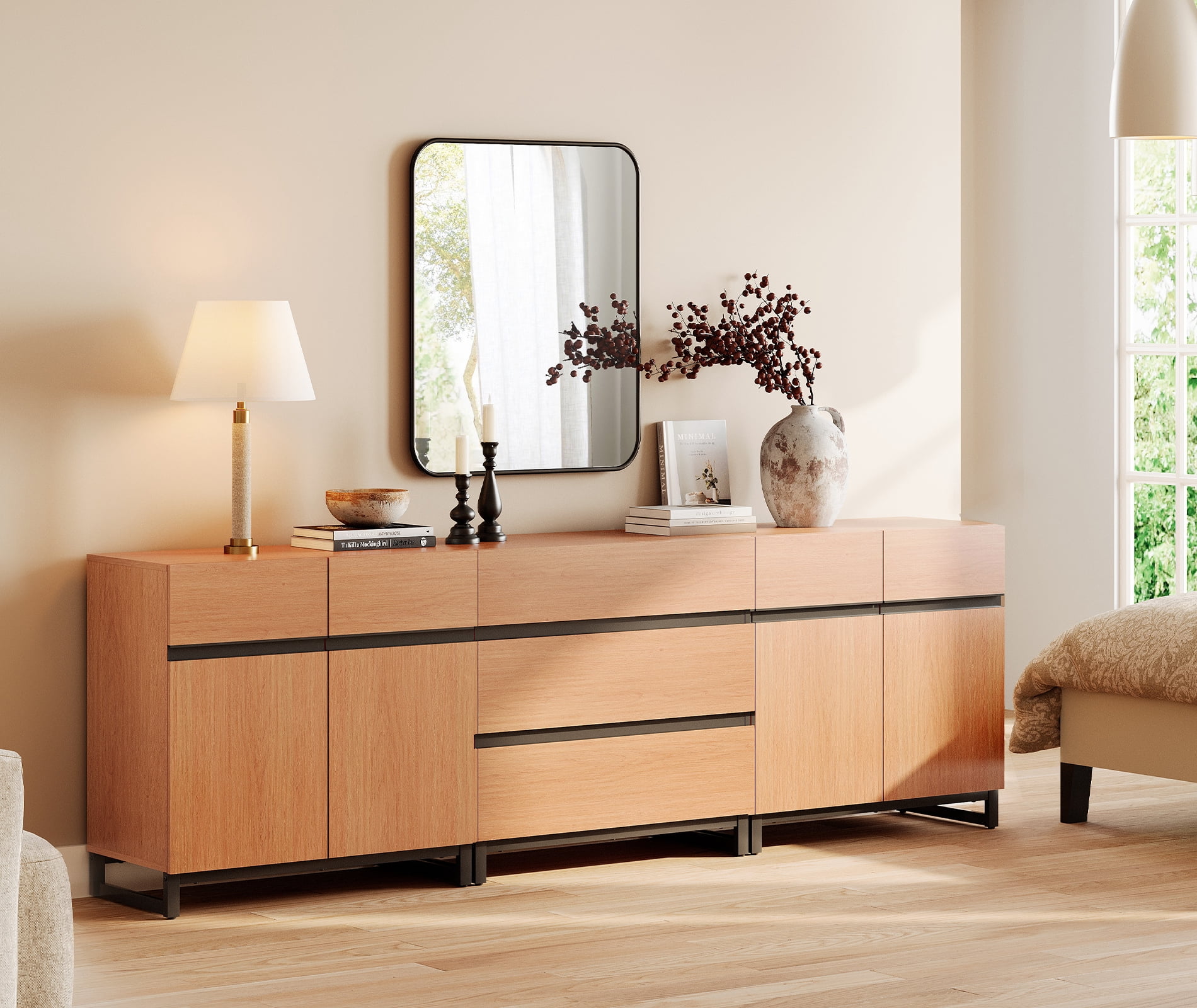 WAMPAT 3 in 1 Modern Sideboard with Adjustable Shelves and 3 Drawers, Coffee Bar Cabinet for Living Room, Kitchen, Mocha
