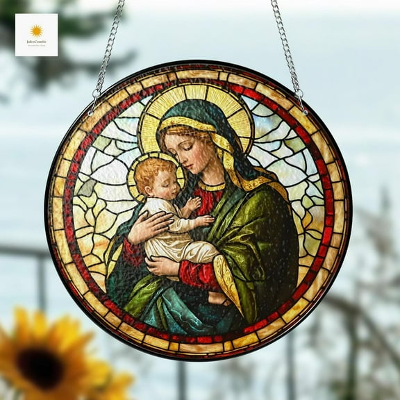 Virgin Mary and Baby Jesus Suncatcher | Catholic Mother’s Day Gift | Religious Glass Window Hanging | Christian Home Decor | Faithful Gift