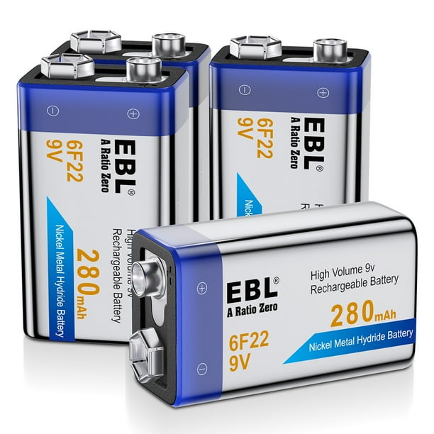 EBL 4Pack 6F22 NiMH 9V Batteries 280mAh Rechargeable Battery