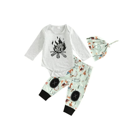 

Amuver Infant Boys Three-piece Layette Grey Long Sleeve Romper Cartoon Fox Printing Pants and Cap 0-18 Months