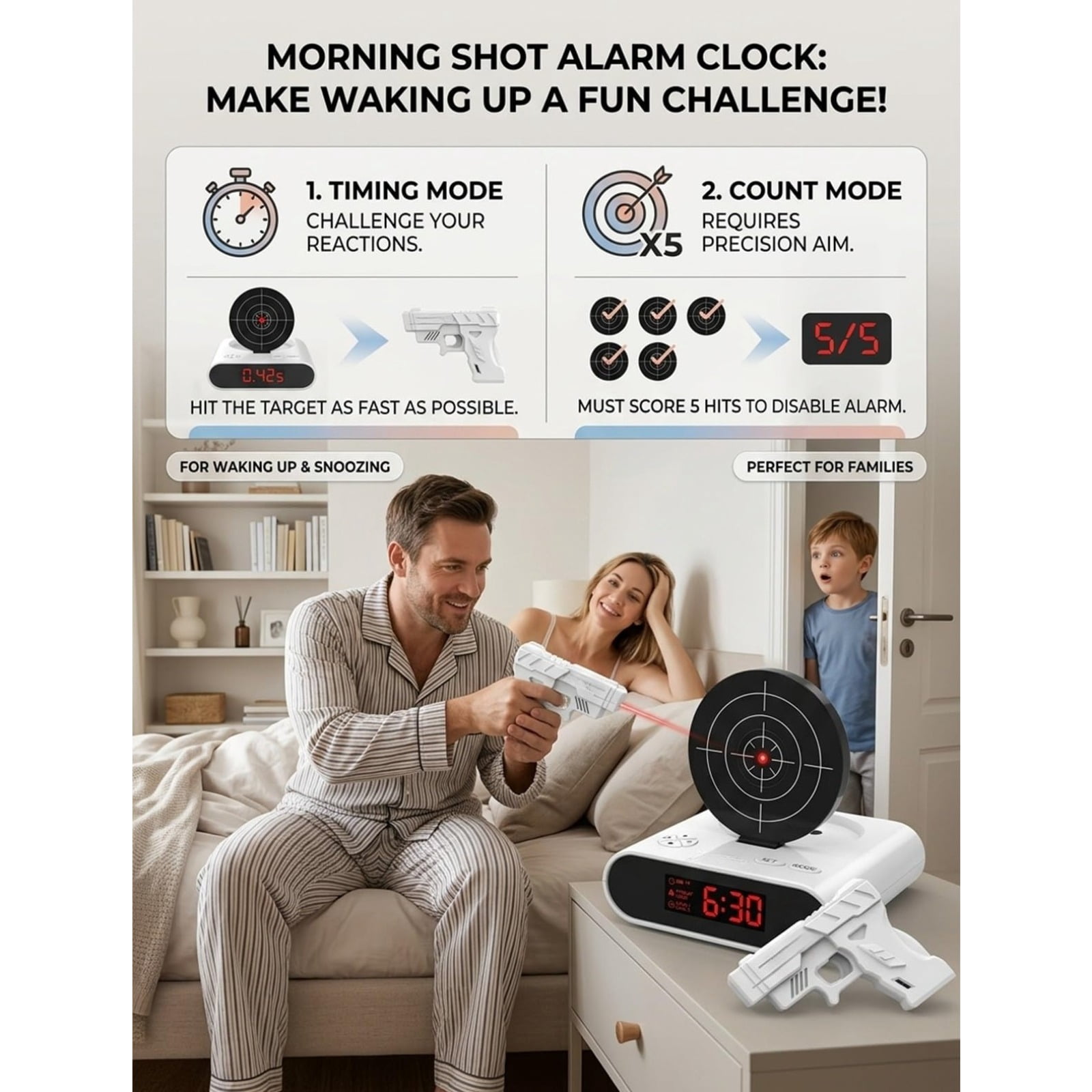 Target Alarm Clock – Shot Timer, Shooting Timing Clock , Interactive Digital Wake Shot, 2 Alarm Modes, Large LED Display for Home Office Living Room