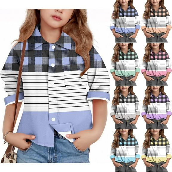 Ashirexll Long Sleeve Shirts for Girls, Fall Tops, Boys and Girls Casual Long Sleeve Shirts Fashion Plaid and Striped Shirt Tops