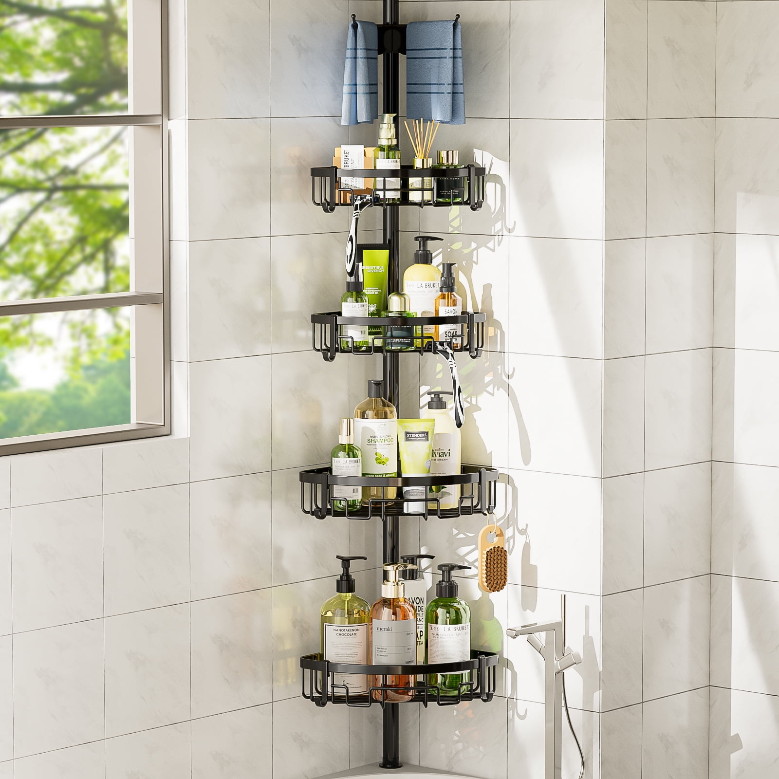 Auledio Corner Shower Caddy Tension Pole - 62-115INCH - 4-Tier Rustproof Bathroom Organizer Shelves, Adjustable Bathtub Tub Shampoo Storage