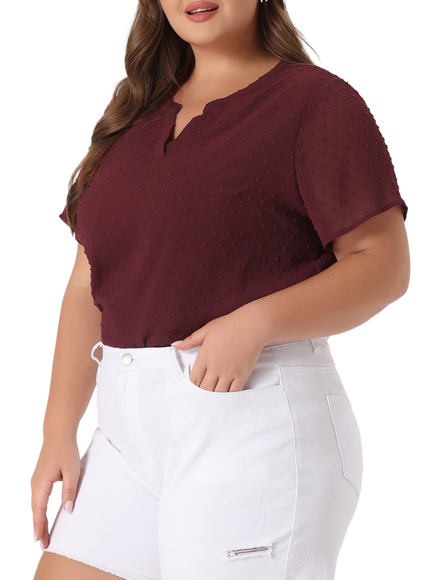 Unique Bargains Women's Plus Size Outfits Fashion Solid Pin Dots V Neck Top 1X Burgundy