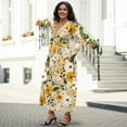 thumbnail image 3 of FKELYI White Yellow Flower Print Womens Fall Dress Long Sleeve Maxi Dress Casual Outdoor Cloth V Neck Soft Dresses with Pocket for Wedding Party, L, 3 of 6