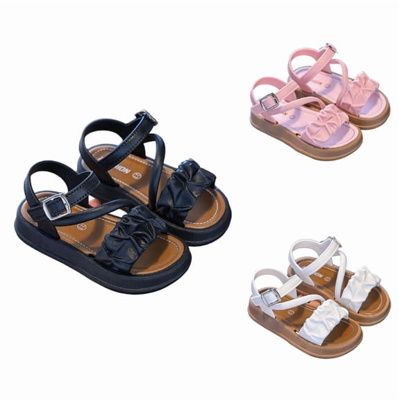 SGMVNU Girls Sandals Summer Casual Open Toe Buckle Anckle Strap Beach Sandals Dress Shoes for Toddler/Little/Big Girls, Size 1-2 Years, Black