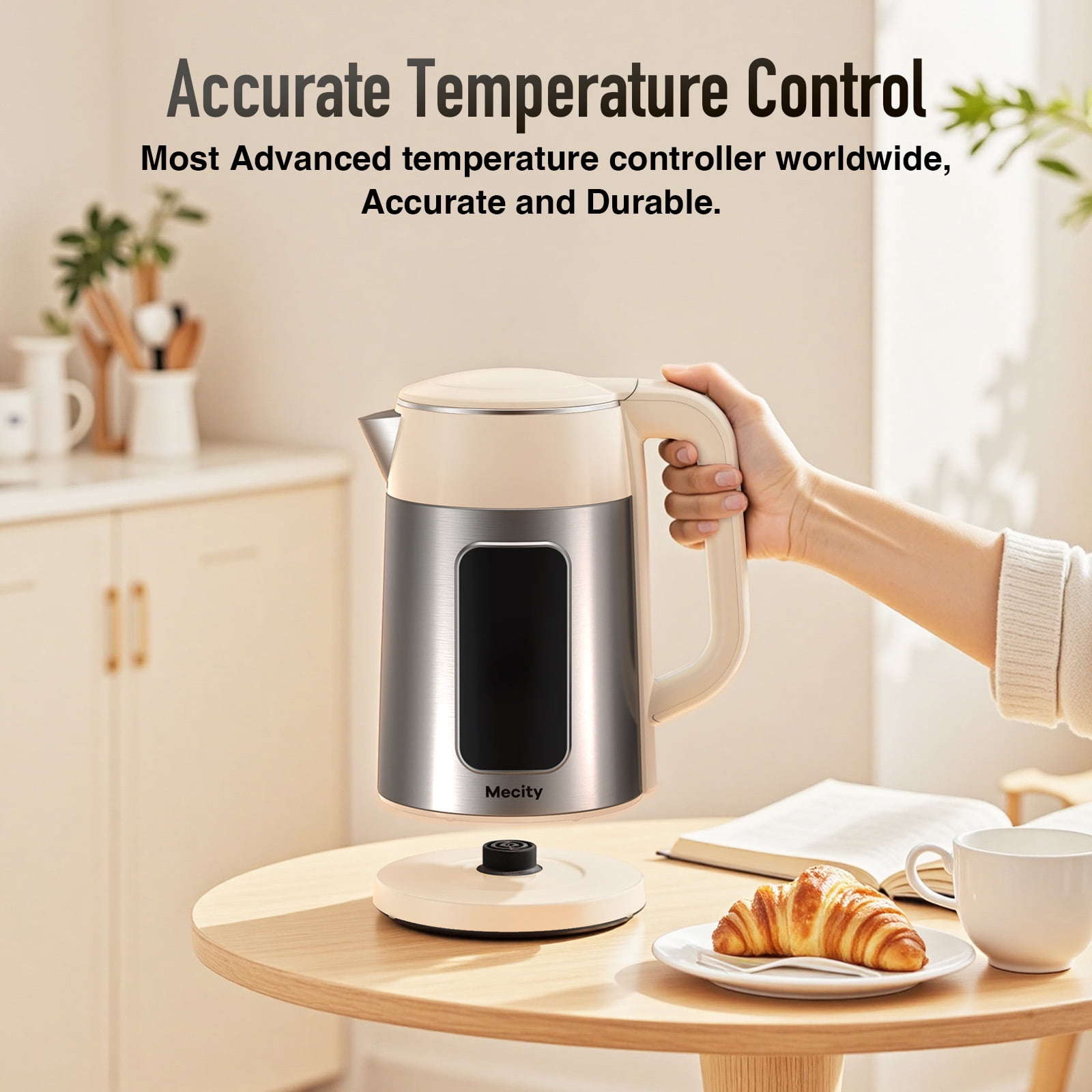 Mecity Electric Kettle Touch Screen Temperature Control Water Boiler, 6 Preset Temperature Programs, 2 Hours Keep Warm, 1.7 Liter, Cream White with Stainless Steel Body
